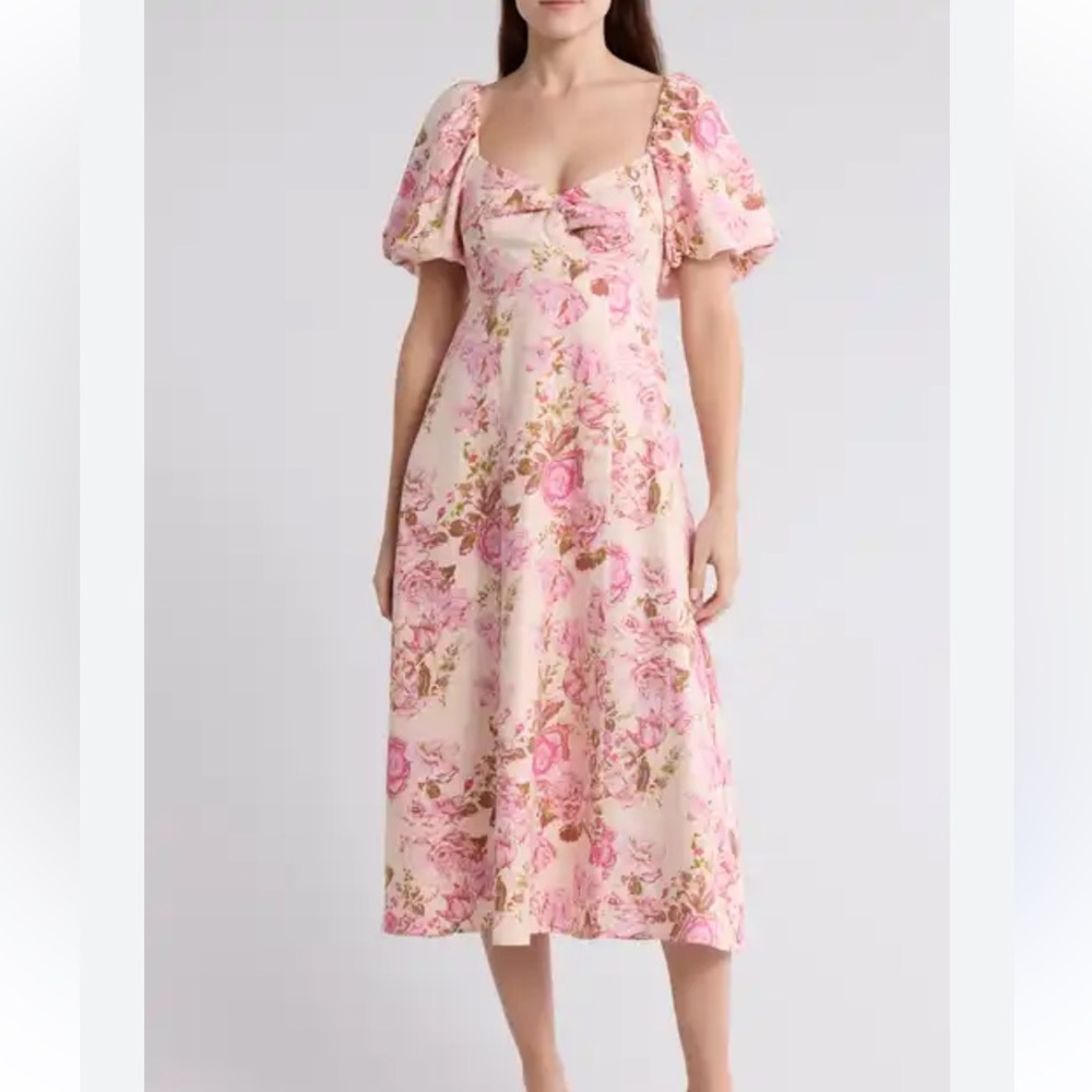 Floral Puff Sleeve Midi Dress Pink Rose 12 Cottagecore Summer Romantic A-Line